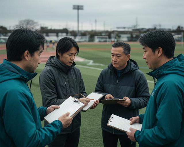松阪の競技場で取材メモを確認するスポーツ編集部のスタッフ