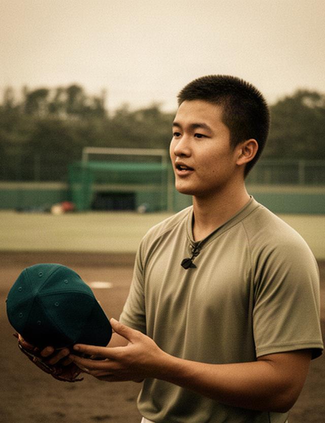 松阪商業高校の三年生投手が練習後のグラウンドで野球帽を手に語る姿