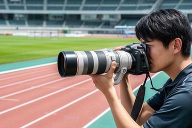 三重県の陸上競技場で望遠カメラを構えるスポーツカメラマン